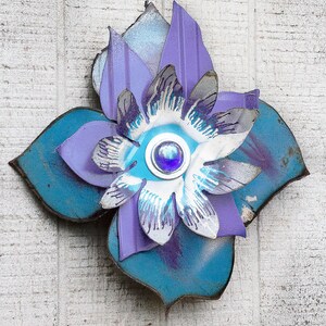 Metal Flower. Use as Wall Hanging or Garden Yard Art. Blue Purple White. Perfect Farmhouse Country Cottage decor. Great gift idea. 17-266 image 3