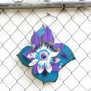 Metal Flower. Use as Wall Hanging or Garden Yard Art. Blue Purple White. Perfect Farmhouse Country Cottage decor. Great gift idea. 17-266 image 7