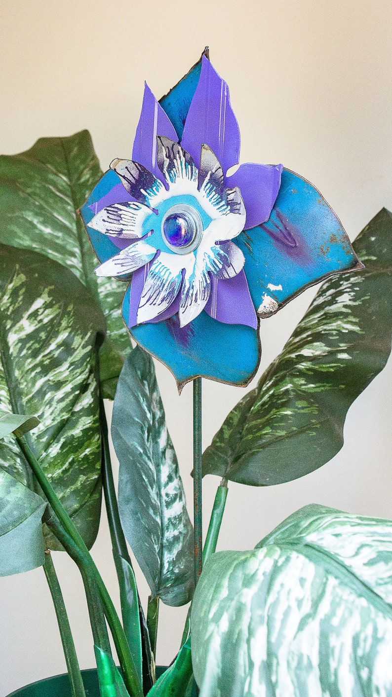 Metal Flower. Use as Wall Hanging or Garden Yard Art. Blue Purple White. Perfect Farmhouse Country Cottage decor. Great gift idea. 17-266 image 1