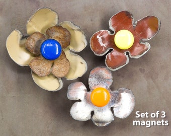 Set of 3 Metal Flower Magnets. Decorate refrigerator, file cabinet, shed, door, mailbox - any steel surface. M16-616