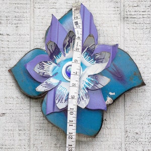 Metal Flower. Use as Wall Hanging or Garden Yard Art. Blue Purple White. Perfect Farmhouse Country Cottage decor. Great gift idea. 17-266 image 2