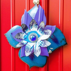 Metal Flower. Use as Wall Hanging or Garden Yard Art. Blue Purple White. Perfect Farmhouse Country Cottage decor. Great gift idea. 17-266 image 5