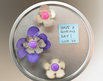 Metal Flower Magnets - Set of 3 & tray. Decorate refrigerator, file cabinet, door, mailbox, shed, fence, wall. M16-620