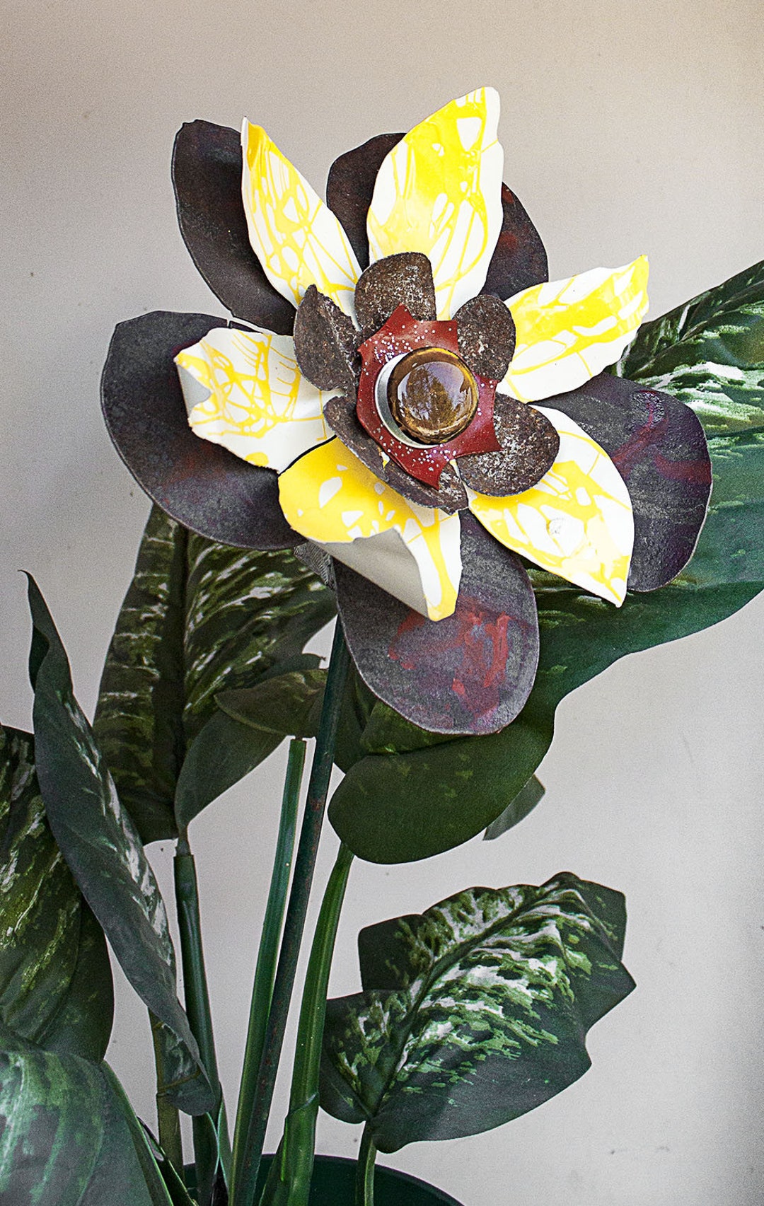 Yellow Red Rust Metal Flower. Use as Yard Art Garden Stake or Indoor ...