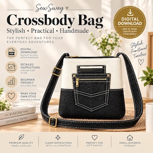 May include: A two-tone crossbody bag featuring a cream-colored upper section and a dark denim lower section with a front pocket. The bag includes an adjustable strap with gold-tone hardware and a zipper closure. Text on the image reads Sew Sway.