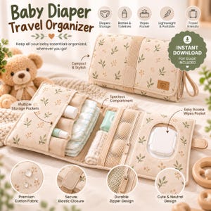 Op de afbeelding: Een beige baby-luierreisorganizer met een botanisch bladpatroon. De organizer bevat meerdere opbergvakken, een ruim compartiment, een gemakkelijk toegankelijk vak voor doekjes en een veilige elastische sluiting. Tekst: Baby Diaper Travel Organizer.