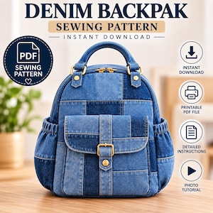 Patchwork Denim Mini Backpack Sewing Pattern, PDF Digital Download (A4, US Letter, A0)