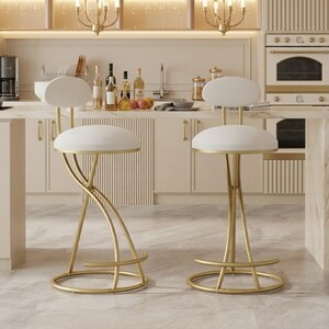Counter Stool Set of 2, Cream Velvet Upholstered Seats With Gold Metal Frames