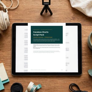May include: A tablet displaying a document titled Faceless Shorts Script Pack with a dark green header. The screen shows text about YouTube Shorts and Reels scripts. The tablet is surrounded by headphones, a coffee mug, and stationery.