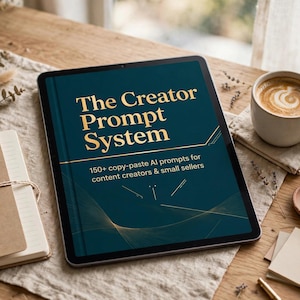 May include: A tablet displaying the title The Creator Prompt System and the subtitle 150+ copy-paste AI prompts for content creators & small sellers in gold text on a dark teal background with gold line accents.