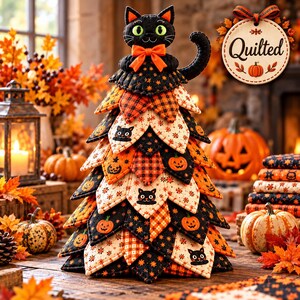 Nähvorlage für einen gesteppten Halloween-Baum (PDF), mit schwarzer Katzenfigur, Patchwork-Halloween-Baum, Nähvorlage für Halloween-Dekoration
