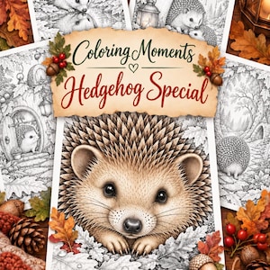 May include: A coloring book titled Coloring Moments Hedgehog Special featuring multiple black and white illustrations of hedgehogs in woodland settings, with a central colored image of a hedgehog face surrounded by oak leaves and acorns.