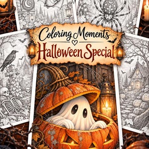 May include: A collection of black and white coloring pages featuring Halloween themes like bats, spiders, skeletons, and haunted houses, centered around a vibrant illustration of a ghost emerging from a carved pumpkin with the text Coloring Moments Halloween Special.