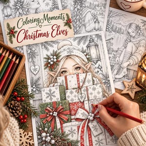 May include: A coloring book titled Coloring Moments Christmas Elves featuring intricate black and white line art of an elf holding a stack of gifts. The page includes detailed illustrations of snowflakes, pine branches, and ribbons.