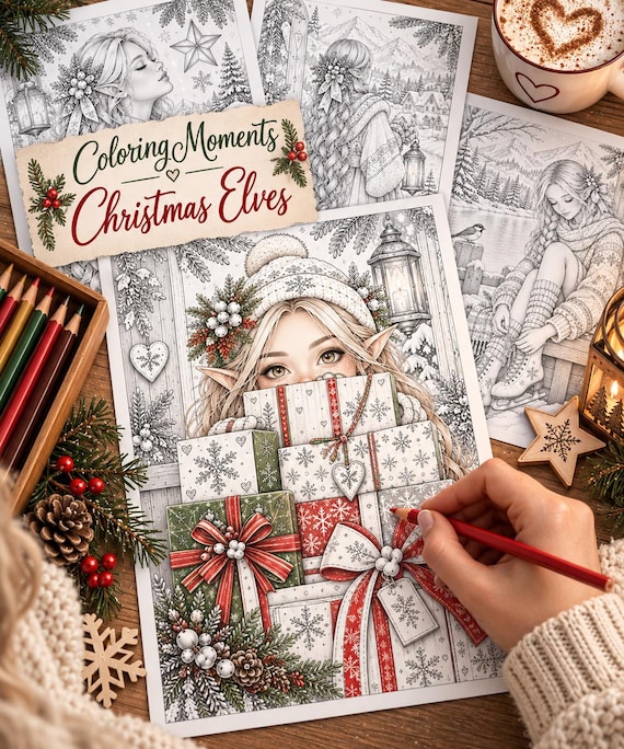 Weihnachts-Malbuch Elfen für Erwachsene – 25 Graustufen-Malvorlagen als A4 PDF