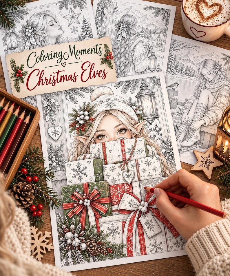 May include: A coloring book titled Coloring Moments Christmas Elves featuring intricate black and white line art of an elf holding a stack of gifts. The page includes detailed illustrations of snowflakes, pine branches, and ribbons.