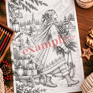 May include: A black and white coloring page featuring a person in winter clothing walking through a snowy village with a sled, gifts, and a lantern. The word example is printed in red across the center of the illustration with a small heart.