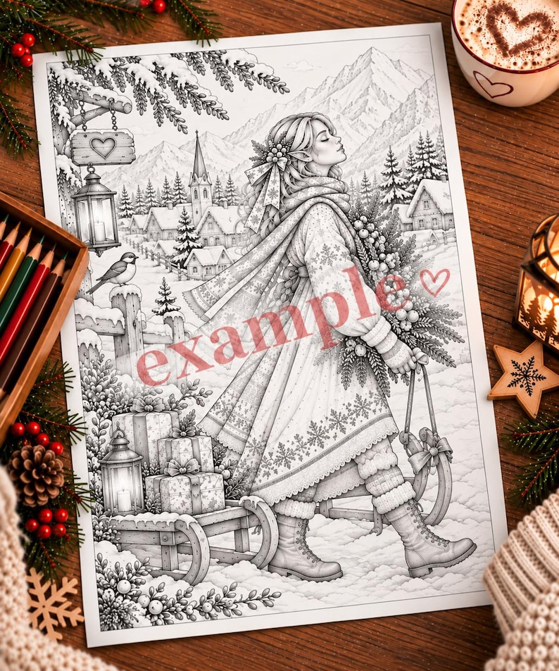 May include: A black and white coloring page featuring a person in winter clothing walking through a snowy village with a sled, gifts, and a lantern. The word example is printed in red across the center of the illustration with a small heart.