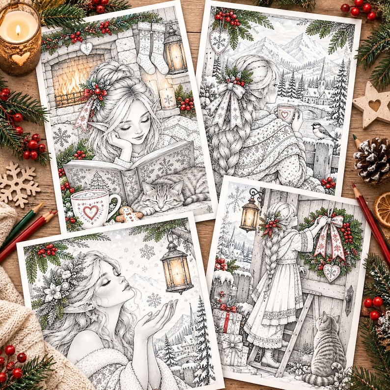 May include: Four rectangular coloring pages featuring detailed winter scenes with elves, cozy indoor fireplace settings, snowy mountain landscapes, and festive holiday decorations including wreaths, lanterns, and cats in a black and white line art style.