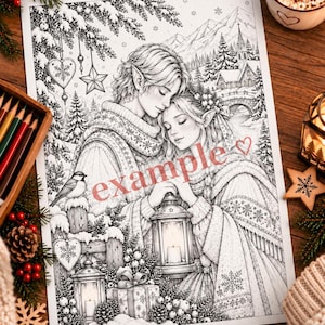 May include: A black and white coloring page featuring two elf-like figures embracing in a snowy winter landscape with a lantern, pine trees, a bridge, and the word example written in red script across the center of the illustration.