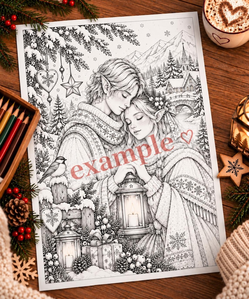 May include: A black and white coloring page featuring two elf-like figures embracing in a snowy winter landscape with a lantern, pine trees, a bridge, and the word example written in red script across the center of the illustration.