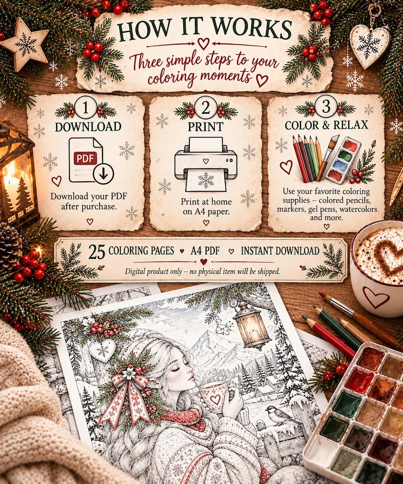 May include: A digital coloring book guide titled HOW IT WORKS with three steps: DOWNLOAD, PRINT, and COLOR & RELAX. It includes 25 coloring pages in A4 PDF format. The graphic features a winter scene with a person holding a mug, pine branches, and berries.