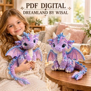 May include: A crochet dragon toy in shades of purple and blue with cream-colored horns and belly. The text PDF DIGITAL DREAMLAND BY WISAL is visible at the top. The dragon features large dark eyes, textured wings, and a long tail.