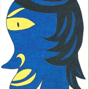 May include: A stylised illustration of a profile head featuring a vibrant blue face with a textured pattern. The figure has black hair, a prominent yellow eye, a yellow nose ring, and a yellow mouth. The entire composition is outlined in black.
