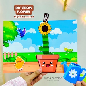 Activité manuelle à imprimer pour enfants : faire pousser des fleurs, jardin de tournesols à tirer, en couleur et en noir et blanc | 4 fleurs différentes