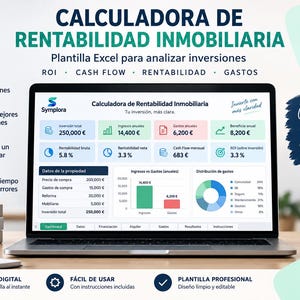 May include: A laptop screen displays the Symplora Real Estate Profitability Calculator, an Excel and Google Sheets template. The dashboard shows financial data, including investment totals, annual income, expenses, and ROI charts.