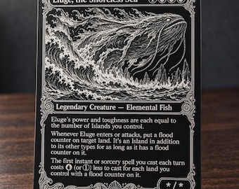 May include: A black and white trading card titled Eluge, the Shoreless Sea, featuring a detailed illustration of a large fish emerging from turbulent ocean waves. The card text describes the creature as a Legendary Creature - Elemental Fish.