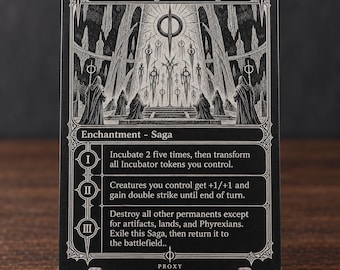 May include: A black and white trading card titled The Argent Etchings, featuring an illustration of robed figures in a cathedral-like space. The card text details an Enchantment Saga with three chapters, including instructions to incubate tokens.