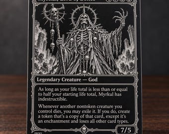 May include: A black and white rectangular trading card featuring the character Myrkul, Lord of Bones. The illustration depicts a skeletal figure in robes holding a staff with skulls, surrounded by ruins. Text includes card abilities and stats.