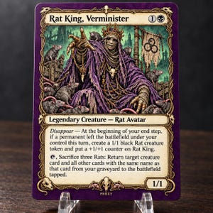May include: A rectangular trading card titled Rat King, Verminister, featuring a purple border and a central illustration of a mummified figure in purple robes surrounded by rats. The card text details the Legendary Creature Rat Avatar abilities.