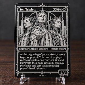 May include: A black and white trading card titled Sen Triplets featuring an illustration of three figures in ornate headwear and robes. The card text includes Legendary Artifact Creature - Human Wizard, mana costs, game rules, and the label PROXY at the bottom.
