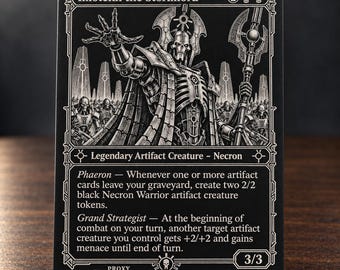 May include: A black and white collectible game card featuring Imotekh the Stormlord, a skeletal figure in armor holding a staff. The card text includes Legendary Artifact Creature - Necron, Phaeron, and Grand Strategist abilities, with a 3/3 power and toughness rating.