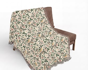 Winter Bird Woven Blanket, Evergreen Berry Folk Art Cotton Throw