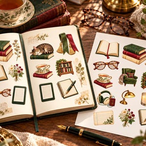 May include: A collection of decorative stickers featuring illustrations of stacked books, a sleeping cat, teacups, eyeglasses, a green armchair, a bookshelf, a lamp, a candle, headphones, flowers, and notebooks, displayed on an open journal and a sheet.