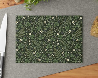 Tábua de corte de vidro com estampa de trevo e samambaia | Estampa floral botânica de trevo