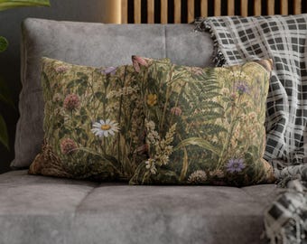 Capa de Almofada Meadow Hare, Capa de Almofada Botânica com Flores Silvestres, Decoração Cottagecore