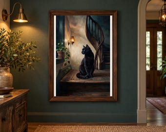 Arte de parede com gato preto em escada, retrato de gato mal-humorado para imprimir, download digital.