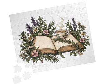 Quebra-cabeça de livro de botânica e chá