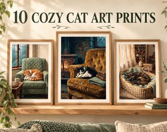 Conjunto de 10 pôsteres aconchegantes de gatos para parede, estilo cottagecore, para imprimir, download digital.