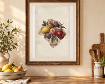 Arte de parede vintage com natureza morta de frutas, pôster para cozinha tradicional, download digital estilo cottagecore.