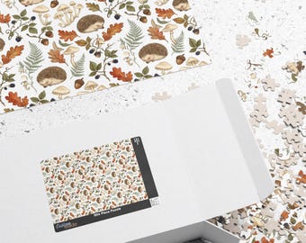 Quebra-cabeça de ouriço-cacheiro da floresta com cogumelos de outono