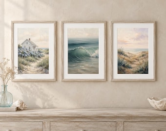 Conjunto de 10 pôsteres com tema costeiro, estampas vintage de praia, decoração para casa de praia, download digital.