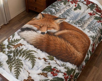 Sleeping Red Fox Blanket | Winter Woodland Scene, Snow, Berries