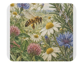 Tapete de rato Honeybee Meadow com flores silvestres, camomila e centáurea.