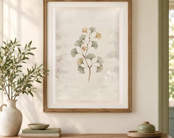 Arte de parede com galho de ginkgo, estampa botânica vintage para impressão, download digital em estilo cottagecore neutro.