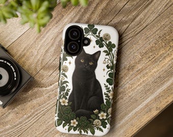 Black Cat Floral Wreath Phone Case